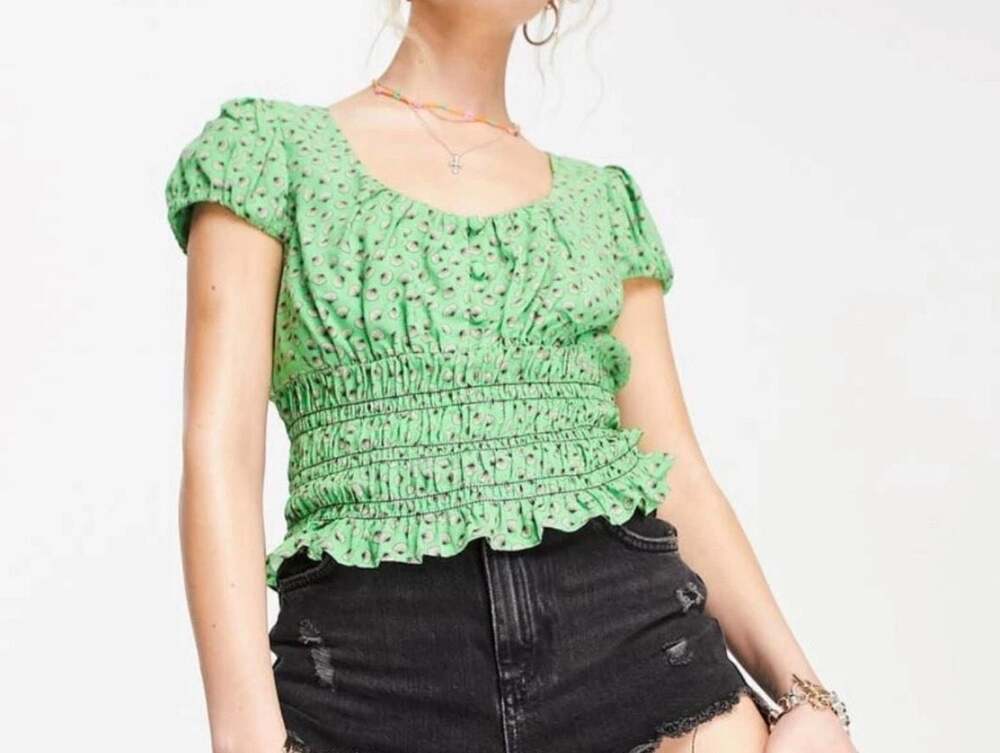 Topshop Green Seashell Print Smocked Puff Sleeve Top US 4
